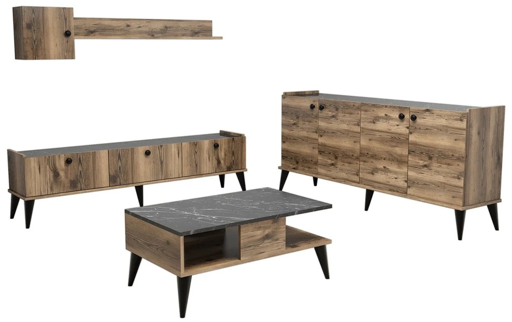 **** Conjunto de Mobiliário de Sala Lidya – Nogueira e Mármore – Diver