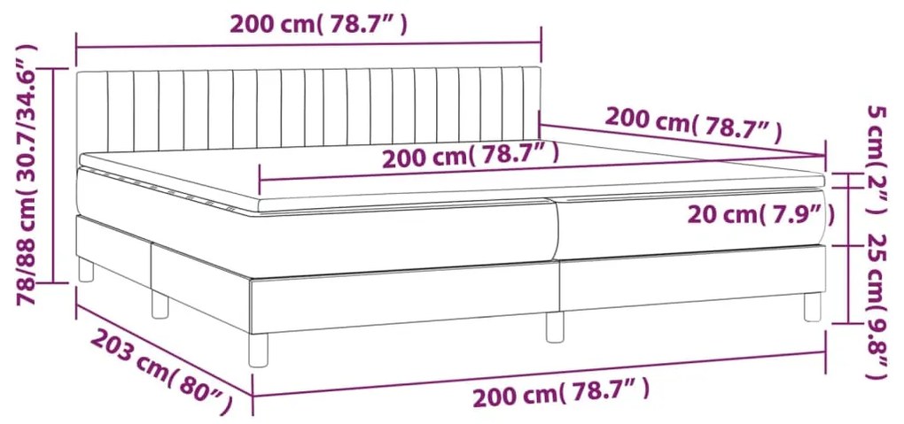 Cama box spring c/ colchão e LED 200x200 cm tecido azul