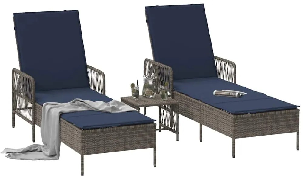 Espreguiçadeira Conjunto de 3 Cinza e azul-marinho Vime PE, metal