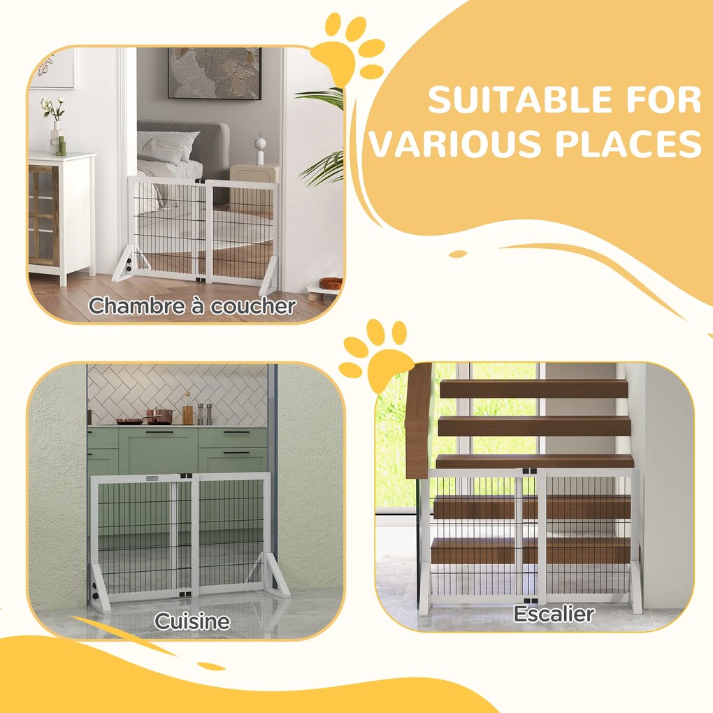 Barreira de segurança para cães 63-106 (C) x 44 (L) x 67 (A) cm barreira de proteção com 2 painéis, largura ajustável de 63 a 106 cm, em madeira e aço
