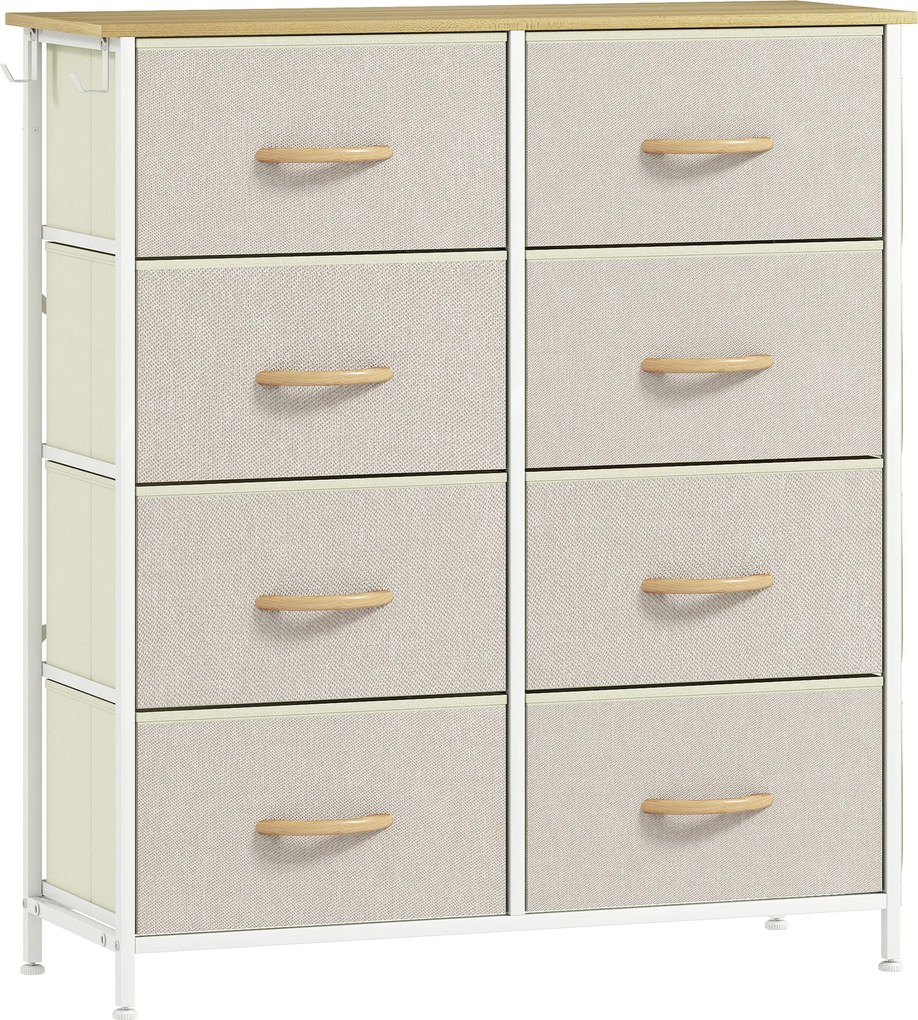 Cómoda Alta de Tecido com 8 Gavetas 4 Bolsos Laterais 2 Ganchos e Estrutura de Aço 86x30x94,5 cm Bege