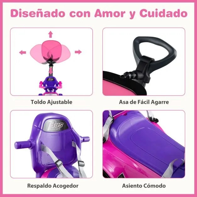 Andarilho crianças forma carro 3 em 1 Carro deslizante com guiador, buzina, música, luz e cinto de segurança Rosa
