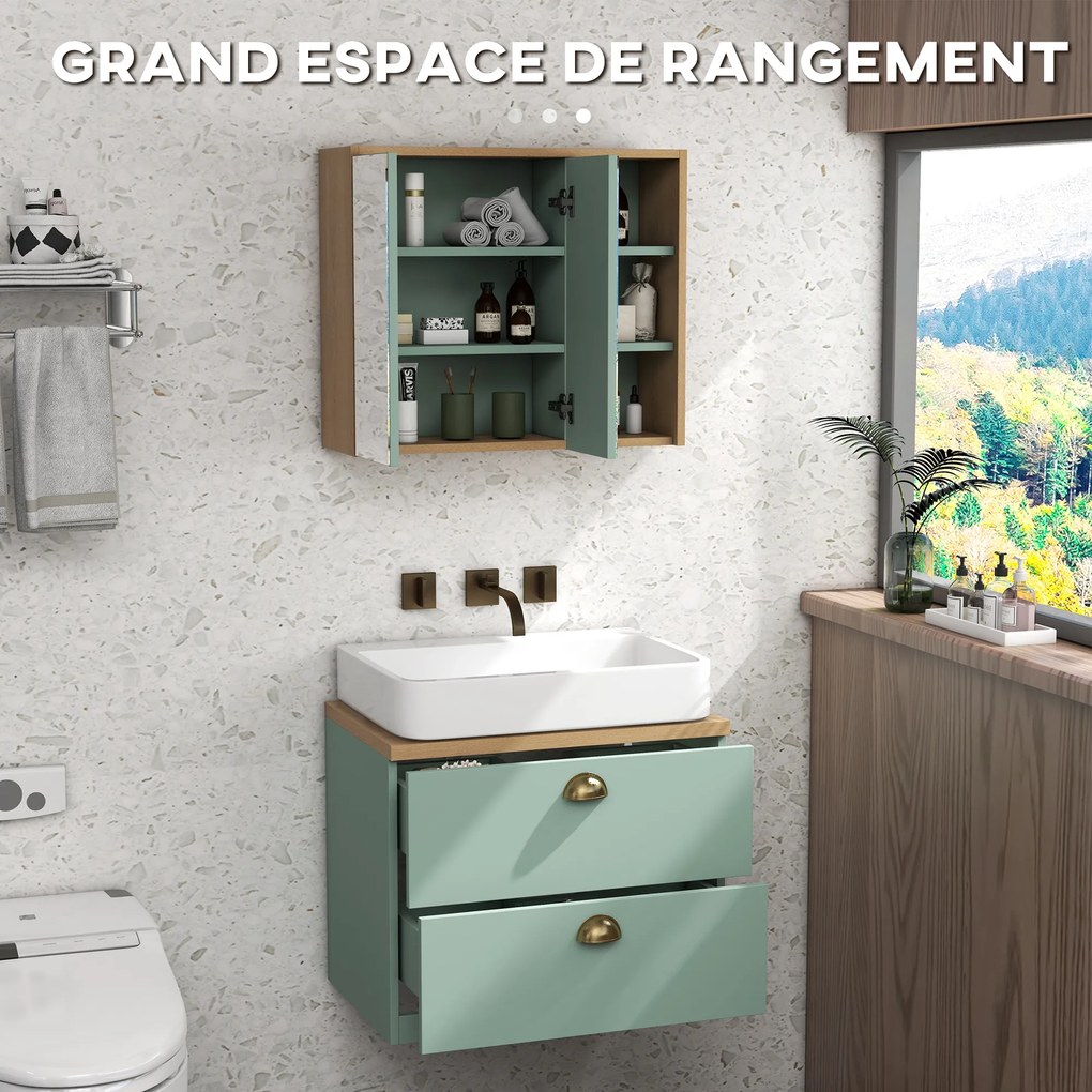 Conjunto de 2 móveis de casa de banho com prateleiras ajustáveis e 2 gavetas (LAVATORIO NÃO INCLUIDO), design escandinavo, verde