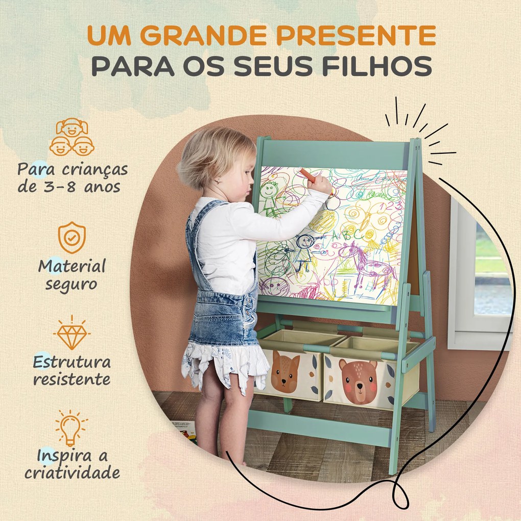 Cavalete para Crianças 3 em 1 Cavalete de Arte com Rolo de Papel Quadro e 2 Cestas de Armazenamento 54x46,5x93 cm Verde