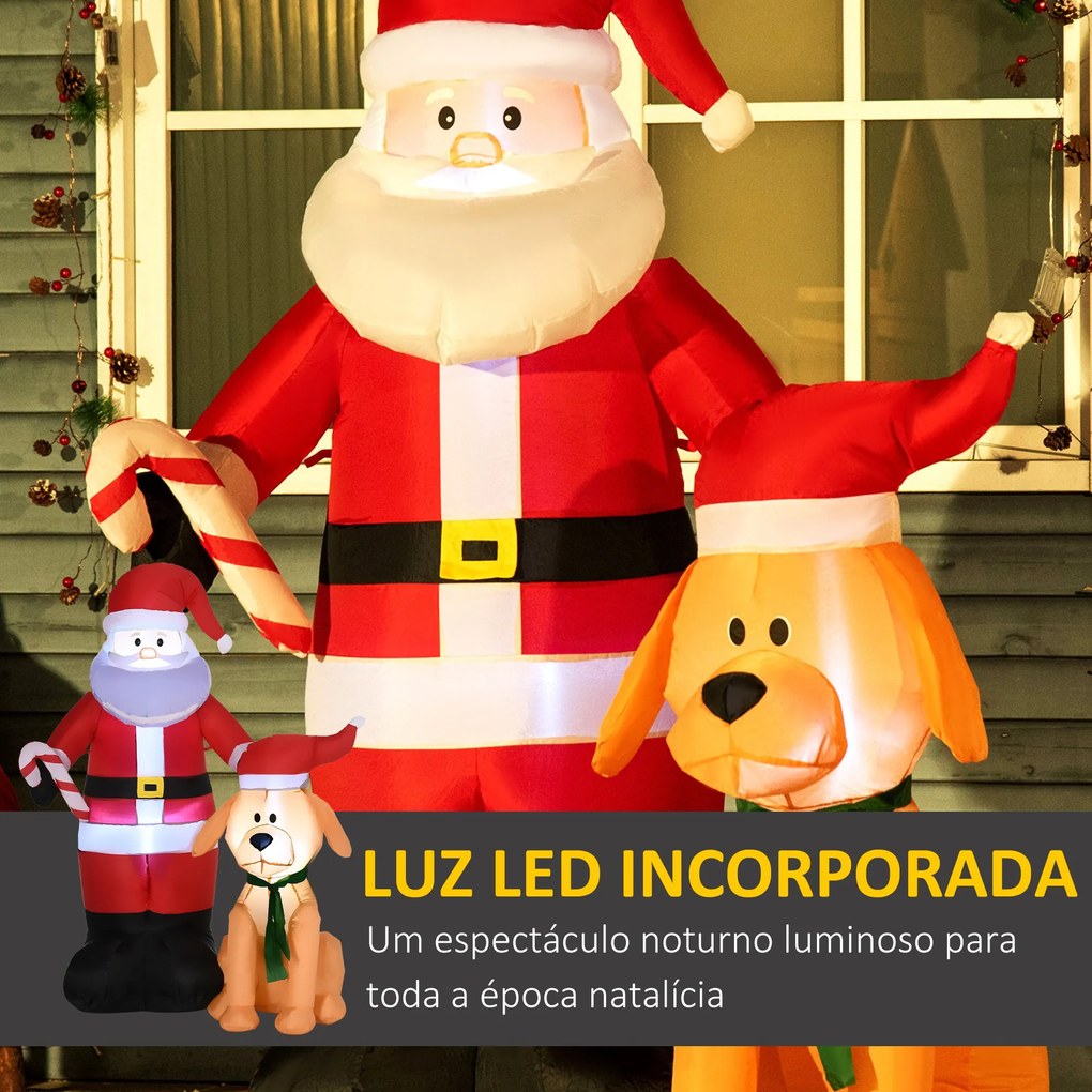Pai Natal Insuflável com Cão 9 Luzes LED IP44 e Inflador Elétrico Decoração de Natal para Interiores Exteriores 117x80x157cm Multicor