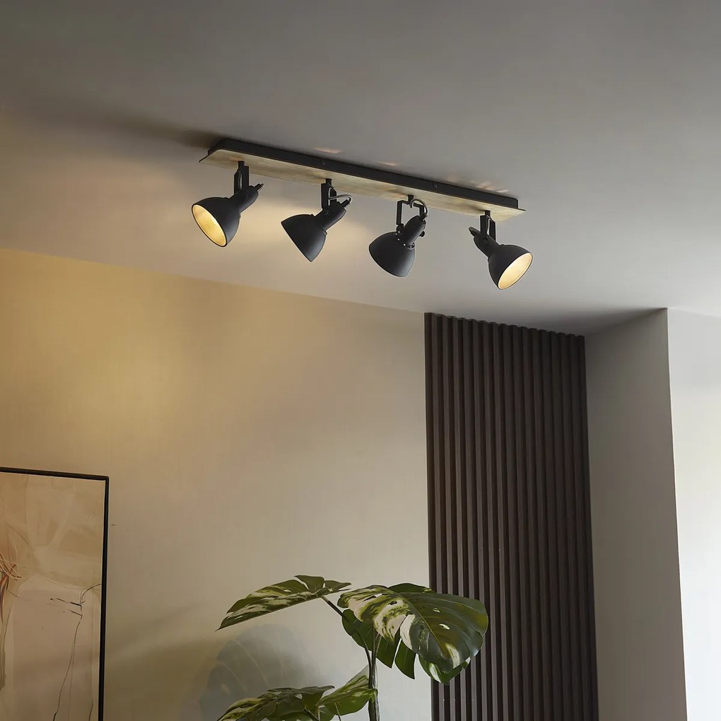 Foco de teto preto com madeira 4 luzes giratório e inclinável - Jakub