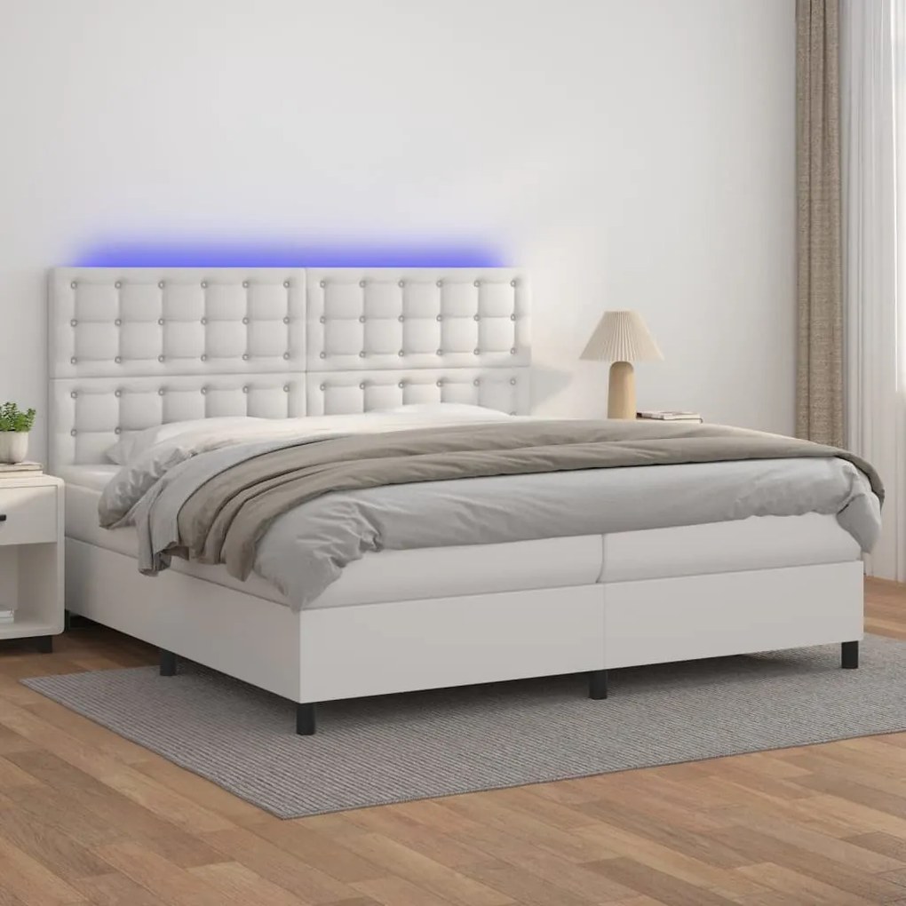 Cama box spring c/colchão/LED 200x200cm couro artificial branco