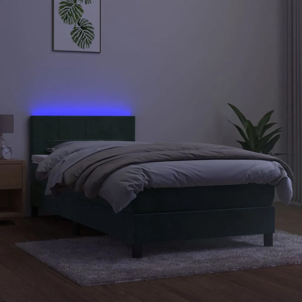 Cama box spring c/ colchão/LED 100x200 cm veludo verde-escuro