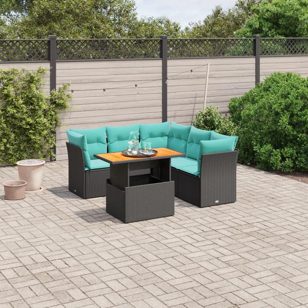 vidaXL 5 pcs conjunto de sofás p/ jardim c/ almofadões vime PE preto