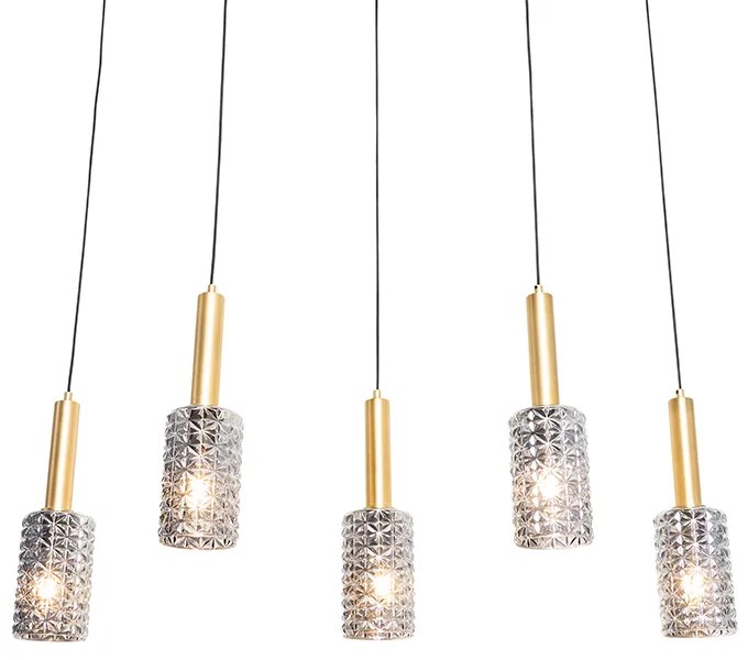 Candeeiro de suspensão dourado com vidro fumê oblongo 5 luzes - Elva Art Deco