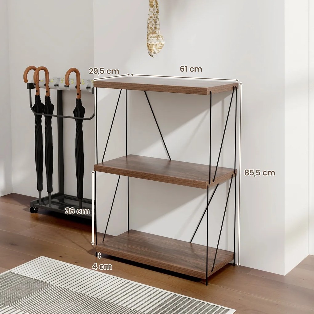 Estante multifunções de 3 níveis com estrutura metálica para arrumação doméstica Estante 61 x 85,5 cm Nogueira