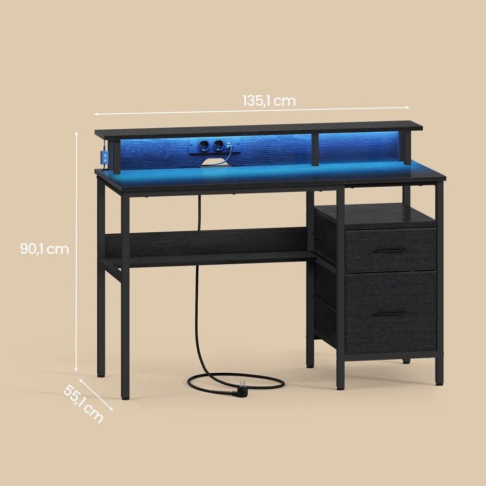 Secretária com iluminação LED, 2 tomadas CA e 2 portas USB 55 x 135 x 90 cm e com suporte para monitor Preta