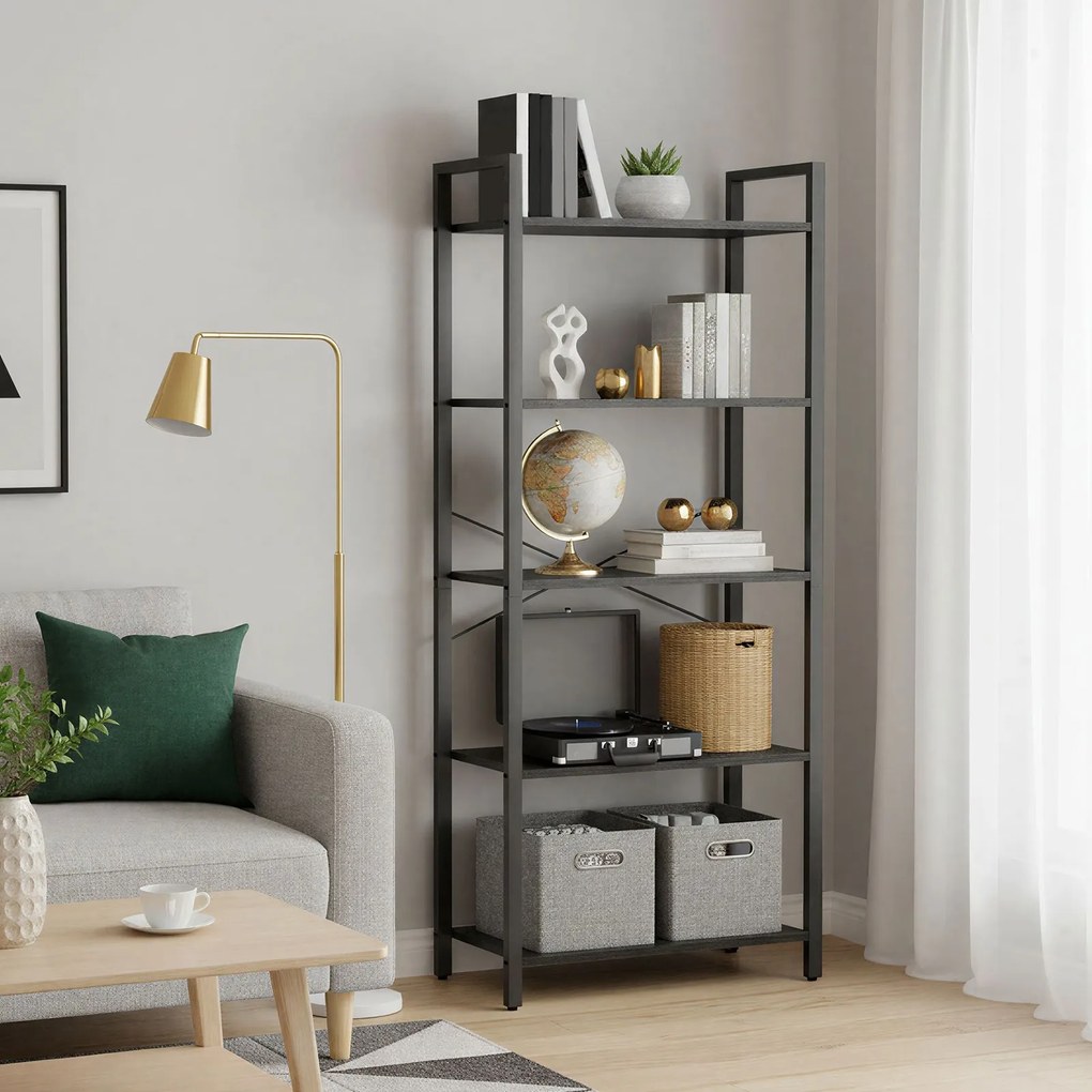 Estante com 5 prateleiras 64 x 30 x 152,5 cm para livros estável preta