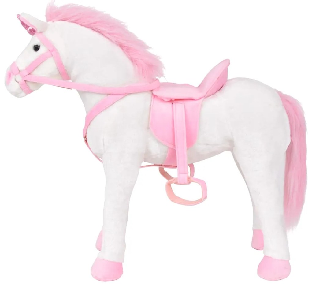 Brinquedo de montar unicórnio peluche branco e rosa XXL