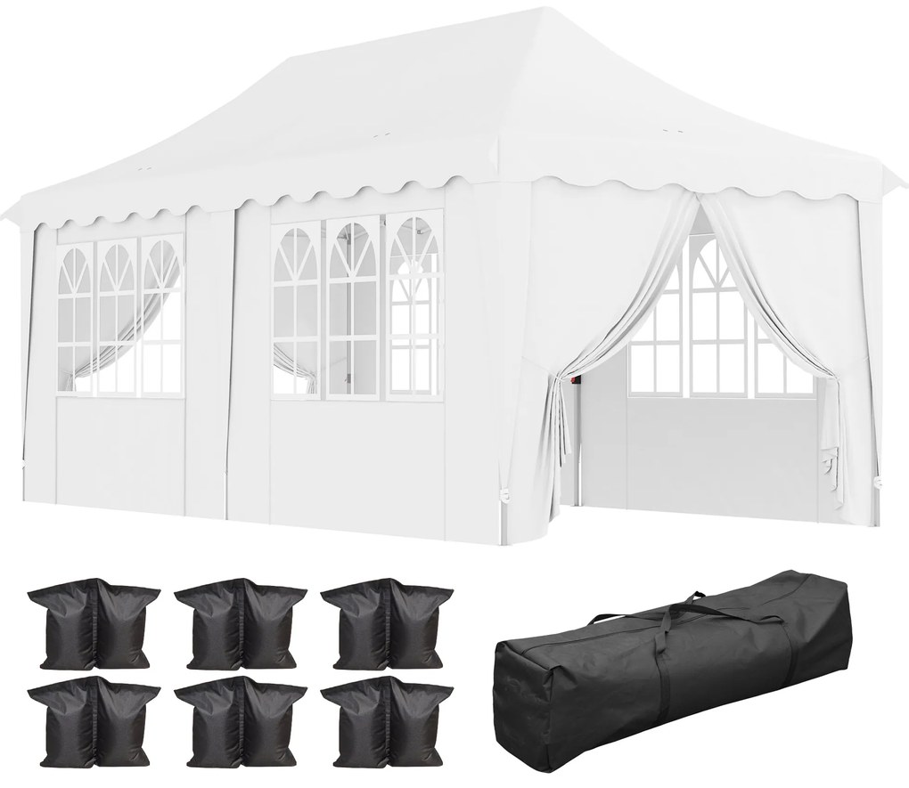 Outsunny Tenda Dobrável Pop Up 596x300x315 cm com 6 Paredes Laterais Anti-UV Altura Ajustável para Campismo Festas Branco