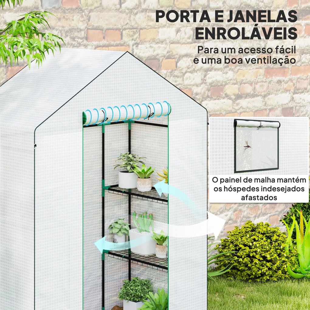 Estufa de Jardim Pequena de 3 Níveis com 6 Prateleiras Porta Enrolável e Capa de PE 143x74x190 cm Branco