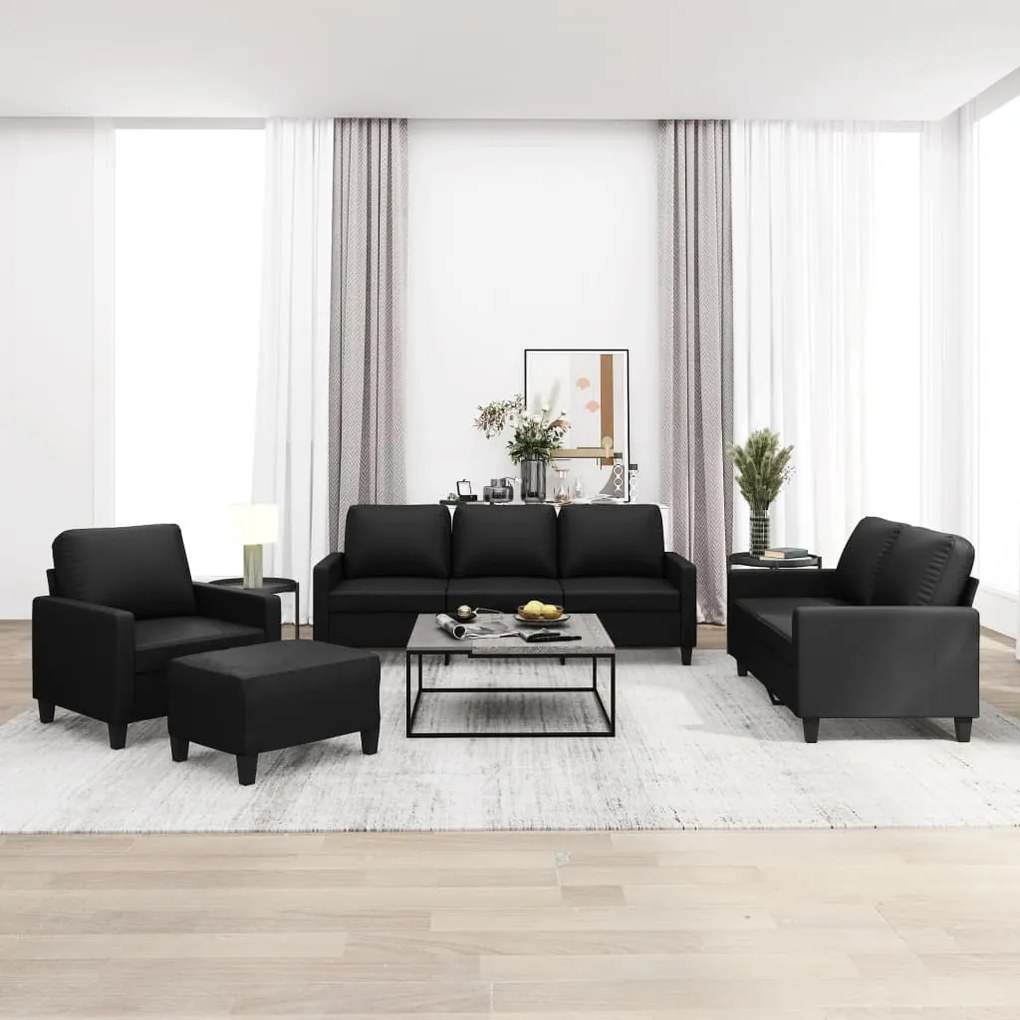 vidaXL 4 pcs conjunto de sofás com almofadões couro artificial preto