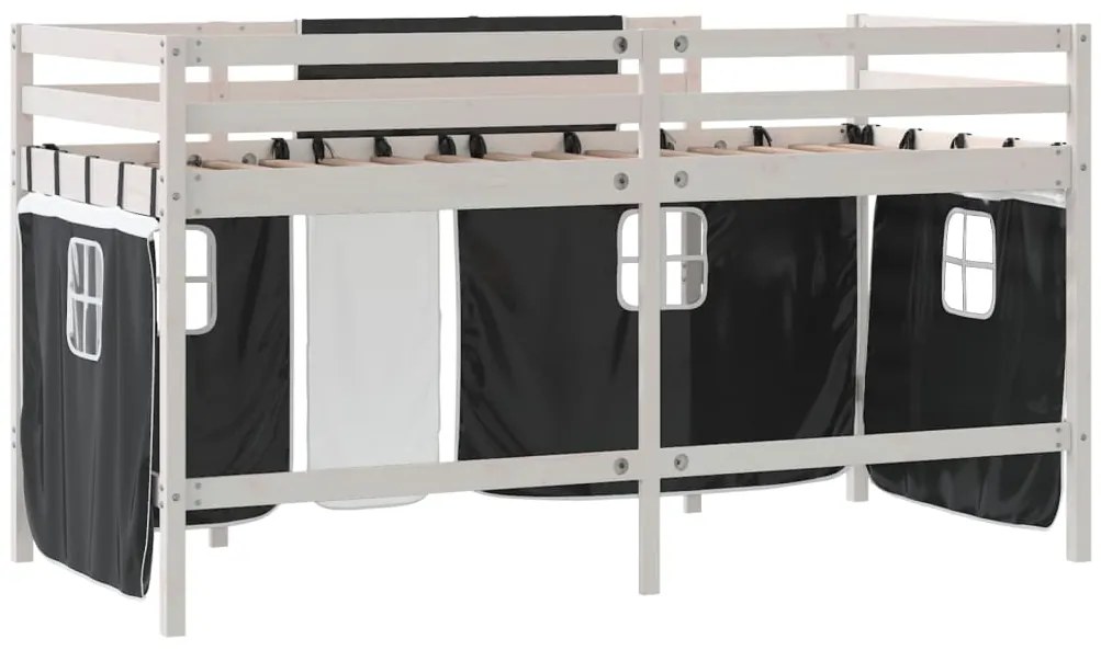 Cama alta criança c/ cortina 80x200cm pinho maciço branco/preto
