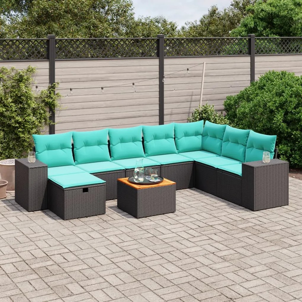 vidaXL 9 pcs conjunto de sofás p/ jardim c/ almofadões vime PE preto