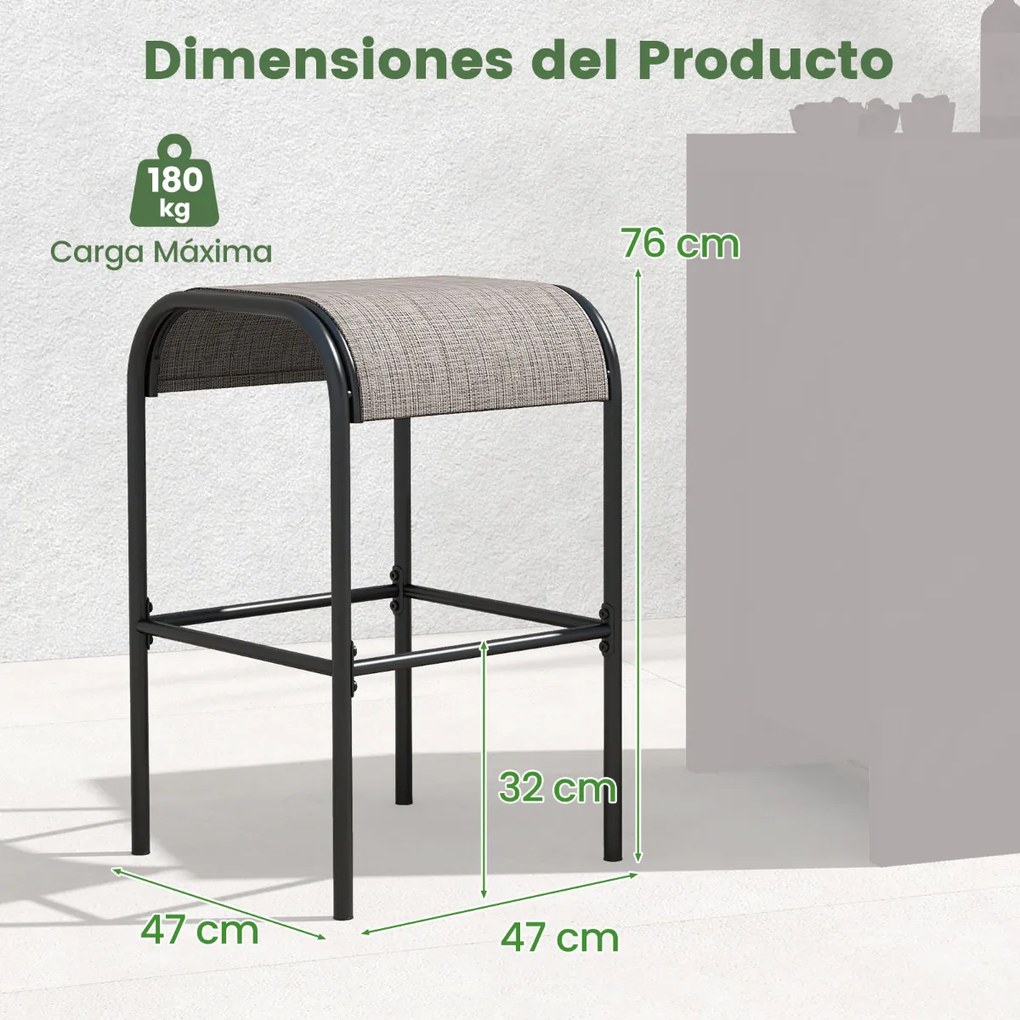 Conjunto de 2 bancos de bar em metal com 76 cm de altura e assento de tecido curvo sem encosto para pátio exterior, varanda e piscina Castanho + Preto