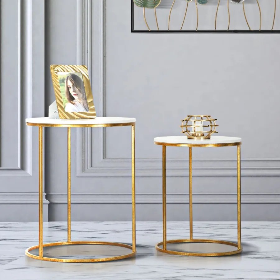 CONJUNTO DE 2 MESAS DE APOIO Ø 52X63-42X53 CM DOURADO E BRANCO