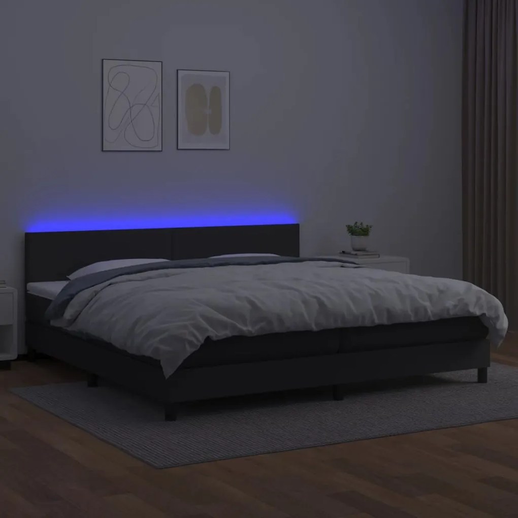 Cama box spring c/ colchão/LED 200x200cm couro artificial preto