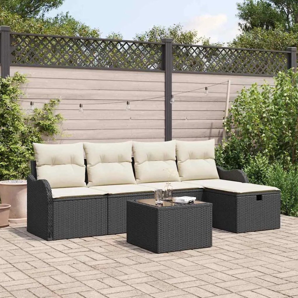 vidaXL Conjunto de Sofá de Jardim com 6 peças e almofadas pretas em rattan poliéster