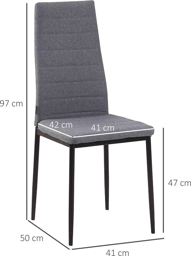 Conjunto de 4 cadeiras de sala de jantar e de cozinha com encosto alto (MESA NÃO INCLUIDA), pés de metal e tecido de linho, 41 x 50 x 97 cm, cinzento