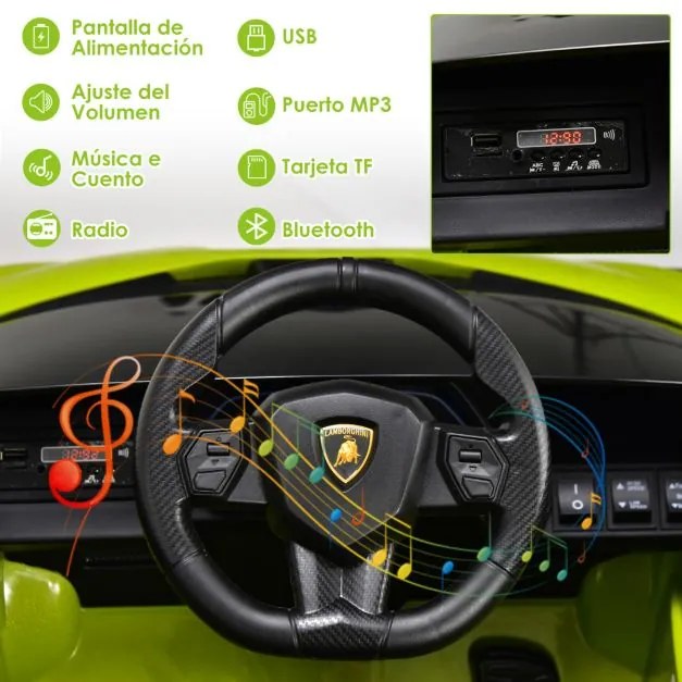 Carro elétrico para crianças bateria de 12 V Lamborghini com controlo remoto Luzes LED Música MP3 Buzina 108 x 64 x 41 cm Verde