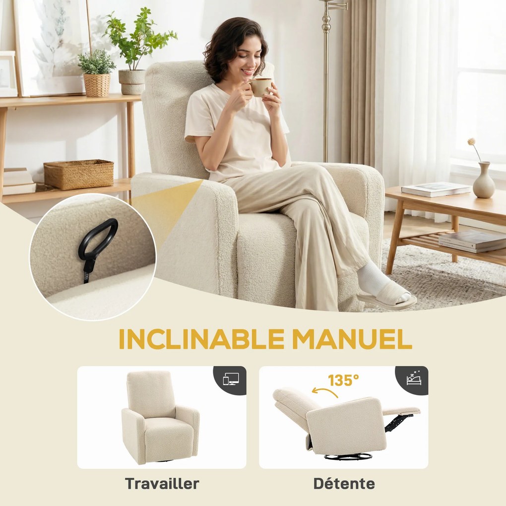 Poltrona reclinável, poltrona de relaxamento com apoio para os pés, giratória em 360° e reclinável, 76 x 94 x 100 cm, bege