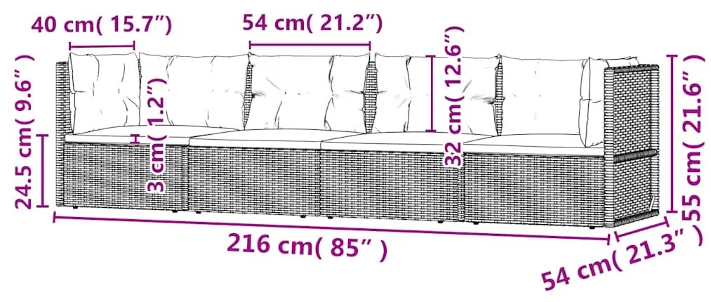 4 pcs conjunto lounge de jardim c/ almofadões vime PE preto