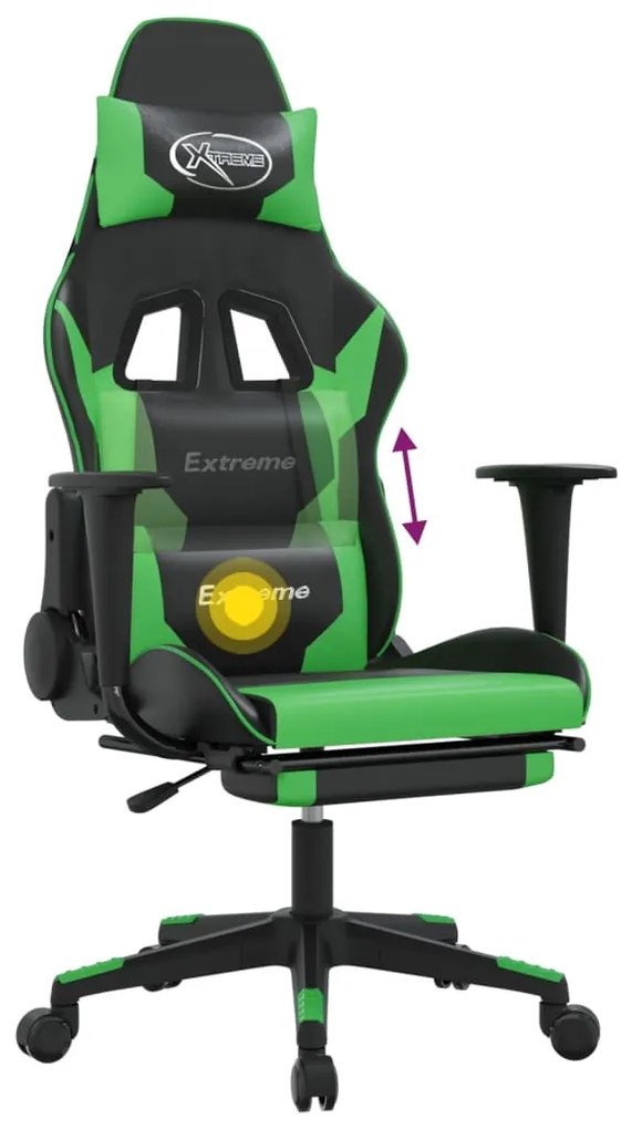 Cadeira gaming massagens c/ apoio pés couro artif. preto/verde