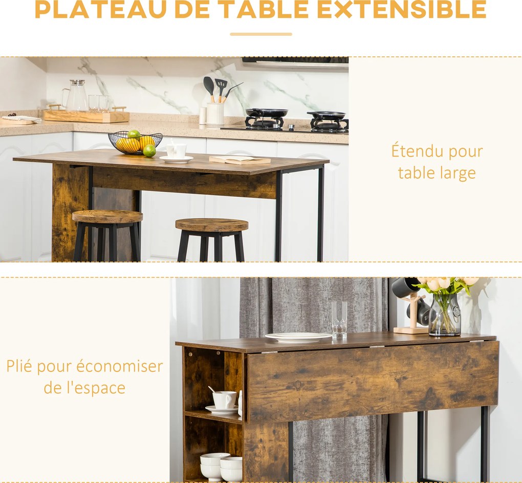 Mesa de bar com ilha central (BANCOS NÃO INCLUIDOS), tampo lateral rebatível e 3 prateleiras, 120 x 76 x 91,4 cm, castanho rústico