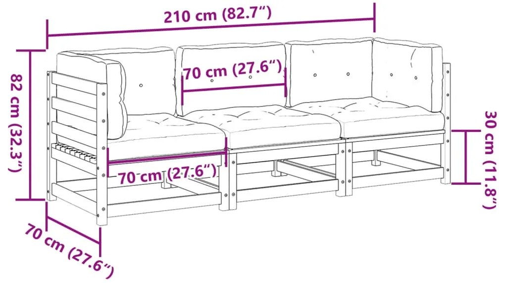 3 pcs conjunto sofás de jardim c/ almofadões pinho impregnado