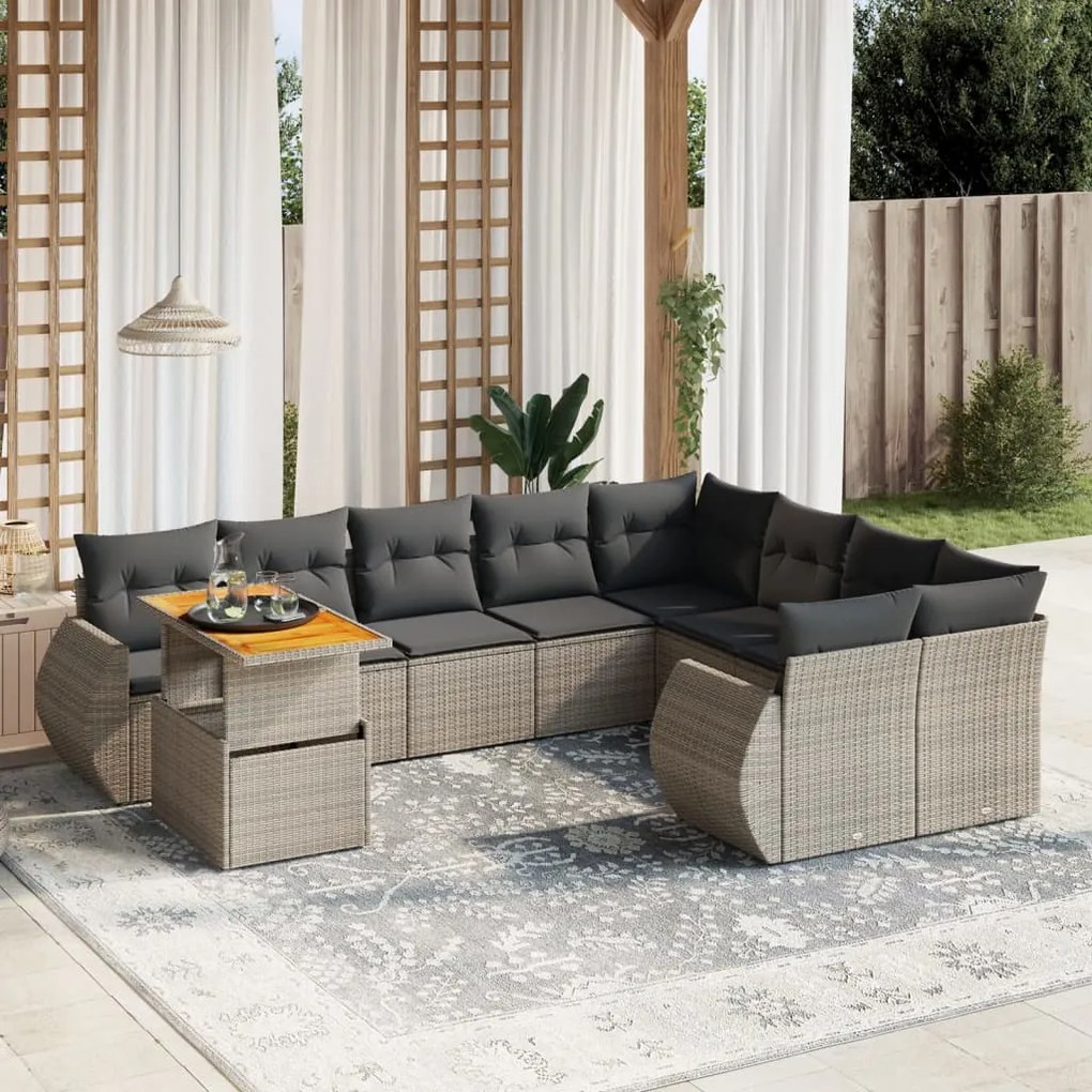 10 pcs conjunto sofás de jardim c/ almofadões vime PE cinzento