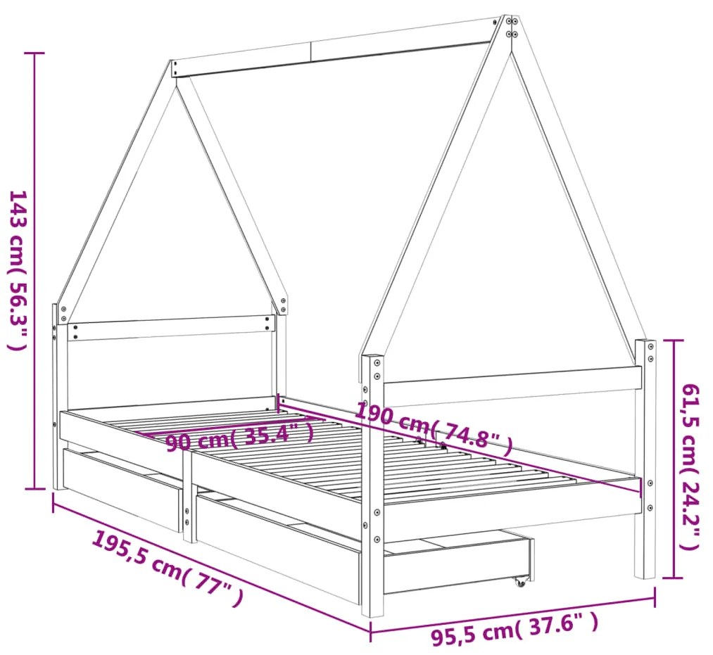 Estrutura cama infantil c/ gavetas 90x190cm pinho maciço branco