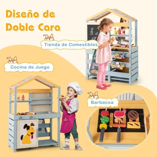 Cozinha de brincar de madeira 2 em 1 para exterior com lava-loiça de mercearia de ardósia de dupla face para crianças Cinzenta