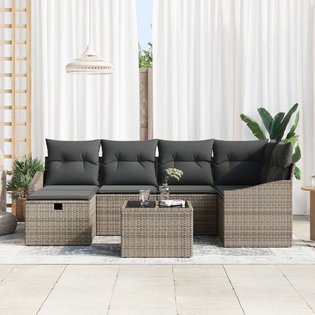 Conjunto de Sofá de Jardim de 7 peças com Almofadas Cinza Vime Sintéti