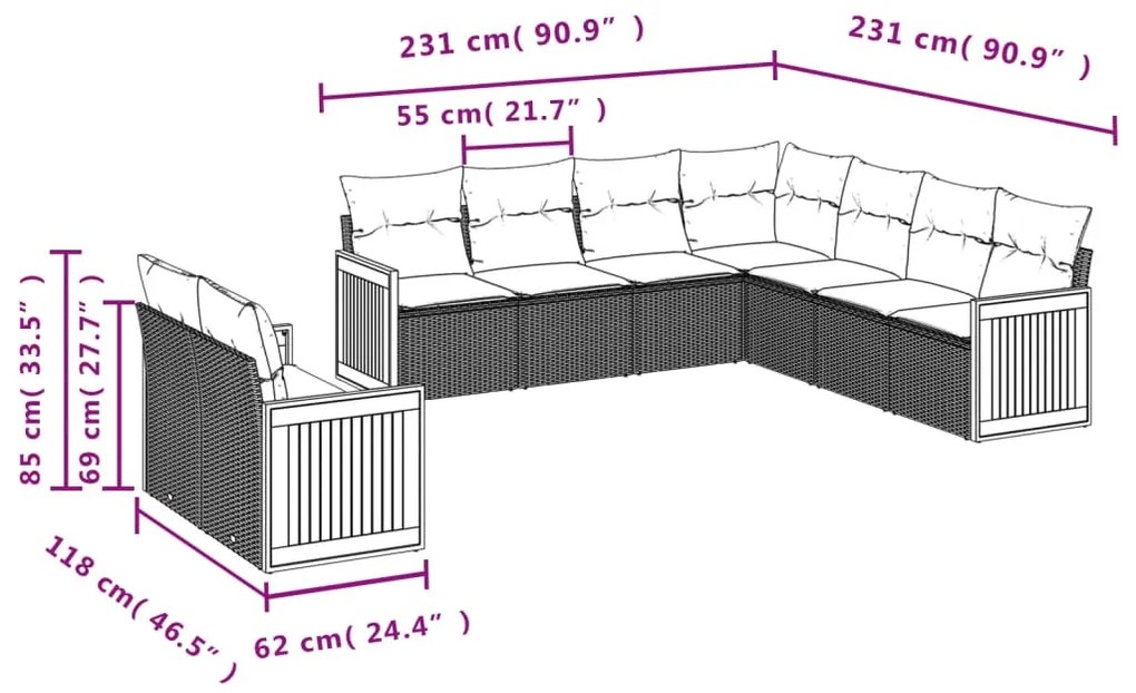 9 pcs conjunto sofás p/ jardim com almofadões vime PE cinzento