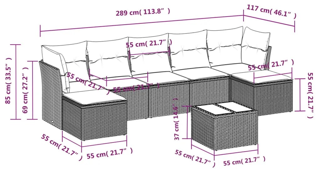 8 pcs conj. sofás jardim c/ almofadões vime PE cinzento-claro