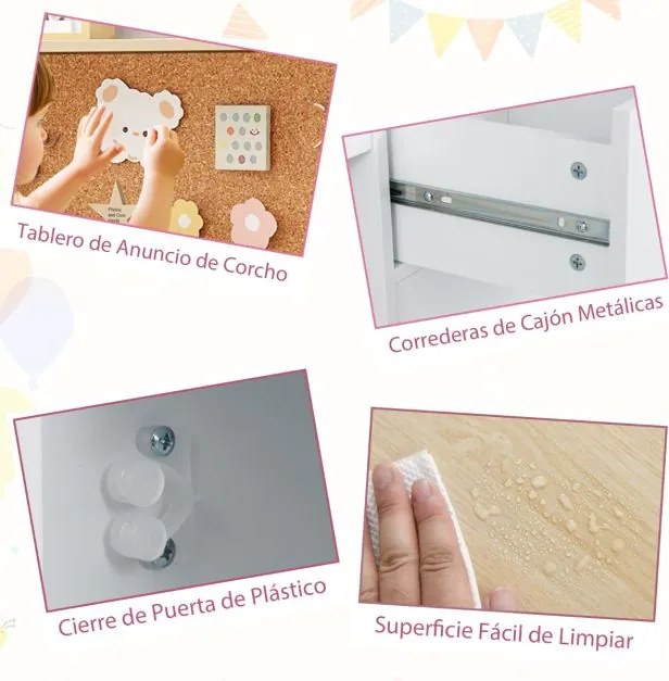 Conjunto de secretaria e cadeira infantil com estante, gaveta, armário, quadro de cortiça e banco com encosto inclinado 109,5 x 48 x 100,5 cm Natural