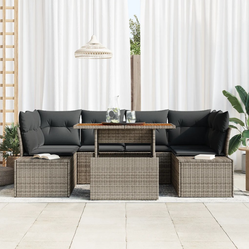 Conjunto de Jantar de Jardim com 7 Peças e Almofadas Cinza Rattan de P