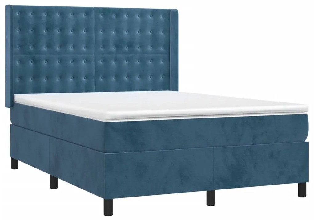 Cama box spring c/ colchão/LED 140x190 cm veludo azul-escuro