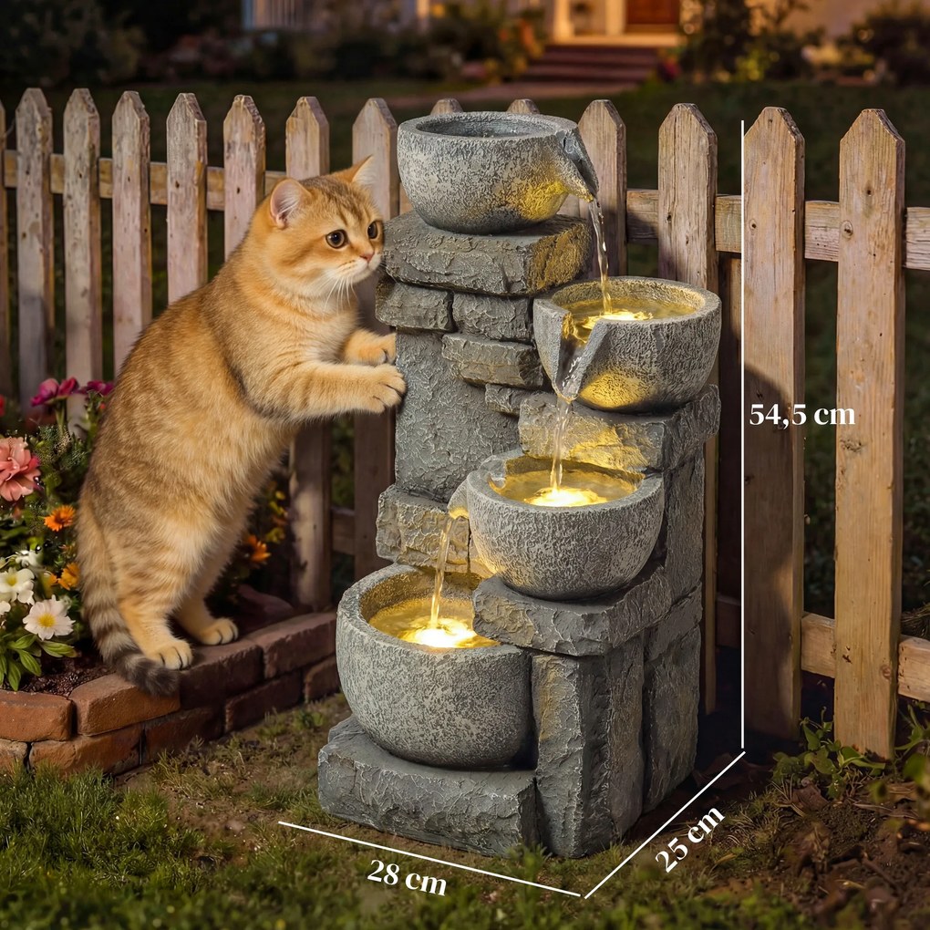 Fonte de Jardim com Iluminação LED e Bomba Decorativa em Cascata de 4 Níveis Fluxo Ajustável, Cinzento