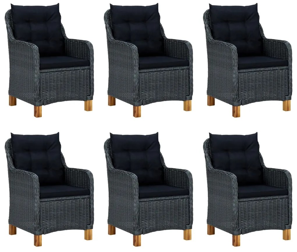 7 pcs conj. jantar exterior c/ almofadões vime PE cinza-escuro