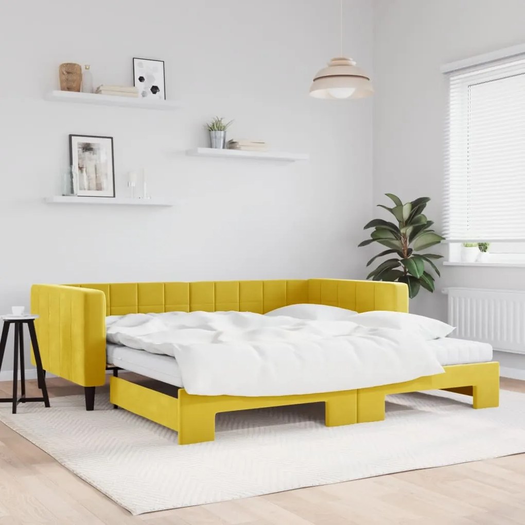 vidaXL Sofá-cama com gavetão e colchões 100x200 cm veludo amarelo