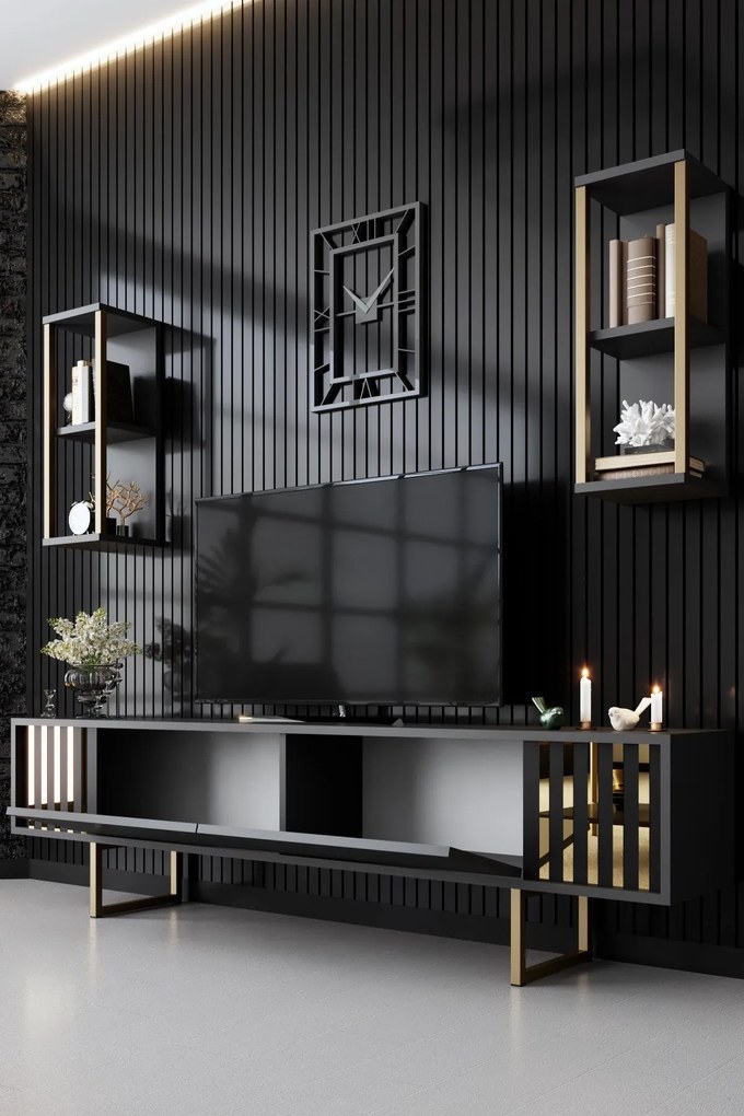 Móvel de TV "Gold" com 2 Prateleiras de Parede – Antracite e Dourado -