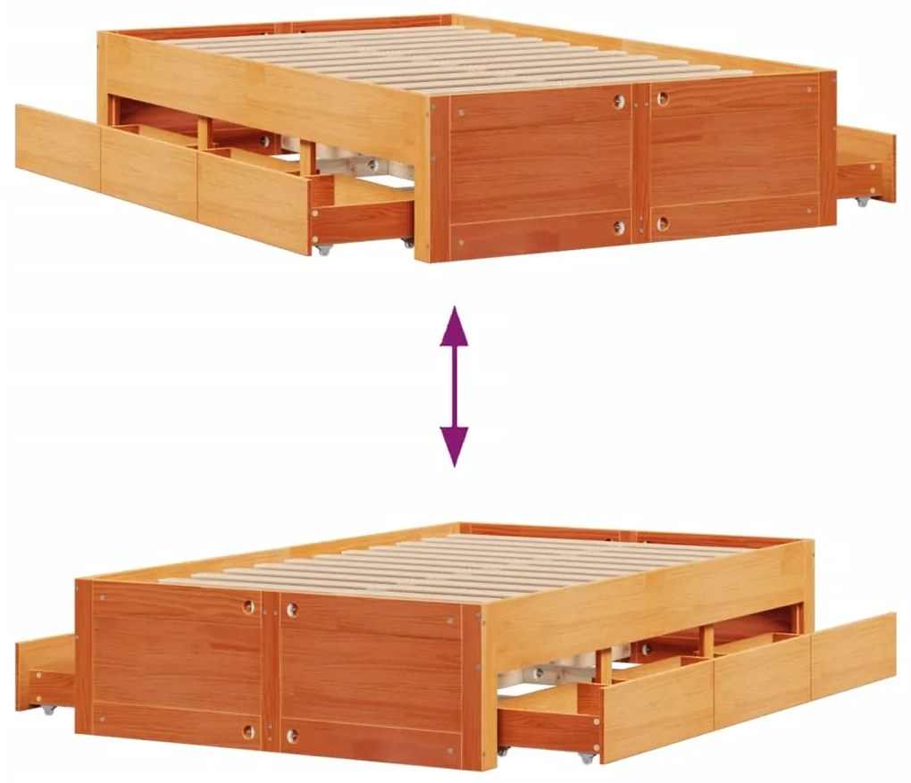 Cama sem colchão com gavetas madeira pinho maciça castanho-mel
