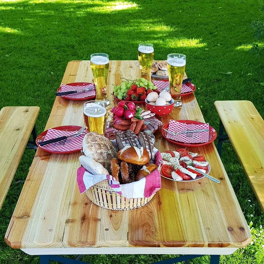 Conjunto de mesa e bancos 3 peças esplanada, jardim, tendas, cervejaria, dobráveis, com encosto Castanho