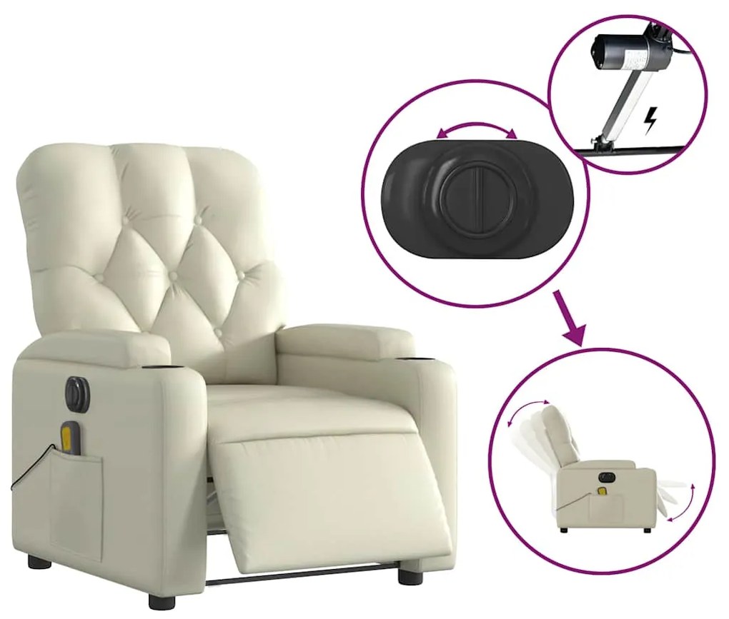Poltrona massagens reclinável elétrica couro artificial creme